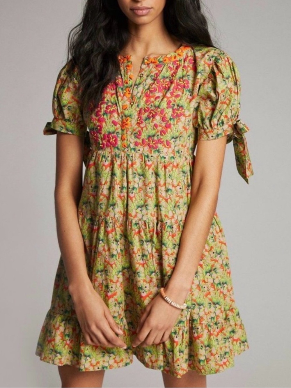 Anthropologie Green Floral Mini Dress with Pink and Orange Embroidery